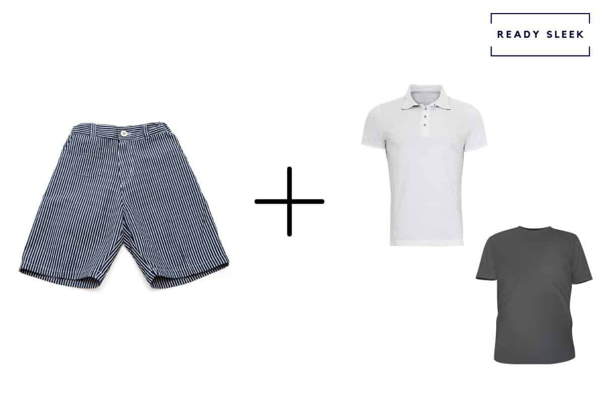 blue shorts + white polo shirt + grey t shirt