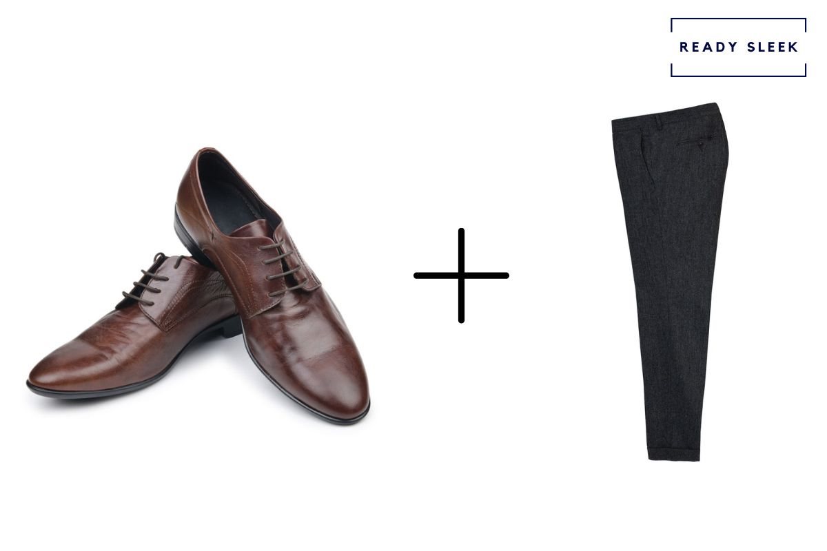 dark brown dress shoes with black pants 
