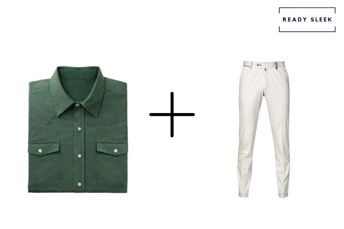 dark green shirt + white pants