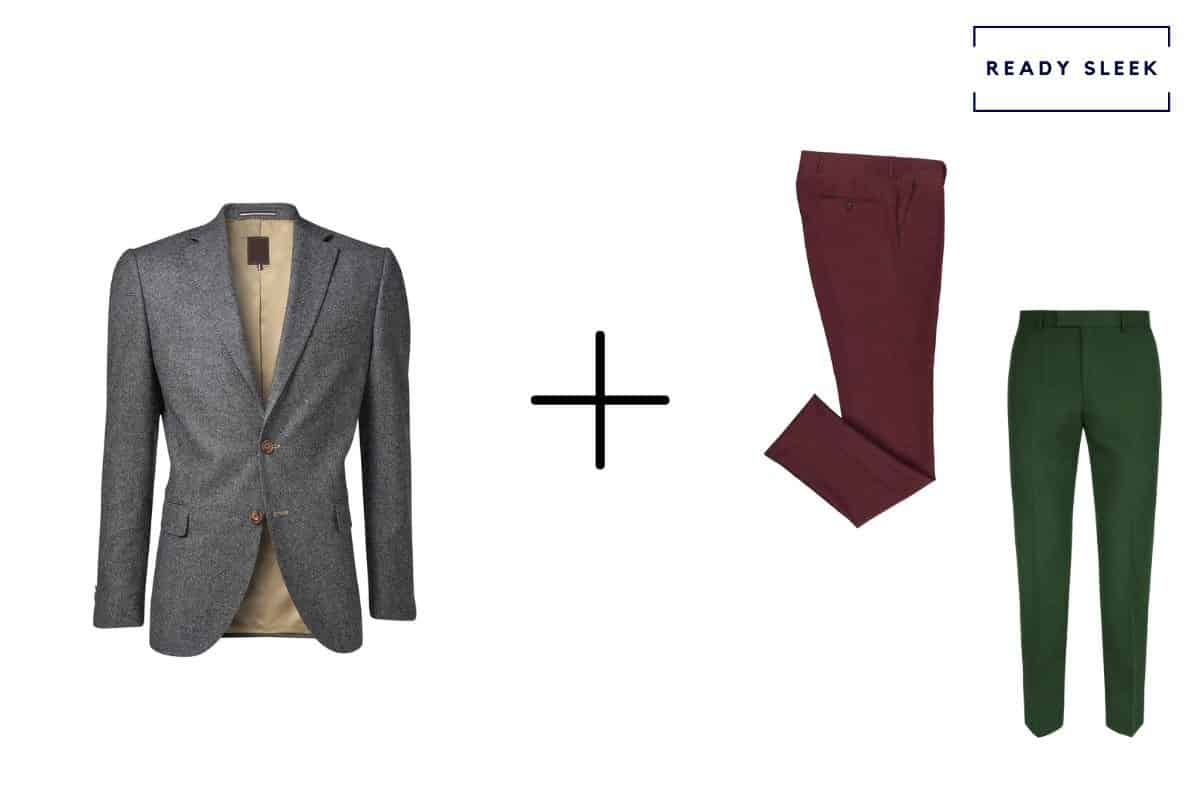 dark grey blazer + maroon pants + dark green pants 