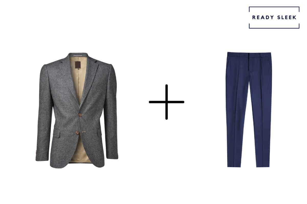 dark grey blazer + navy blue pants