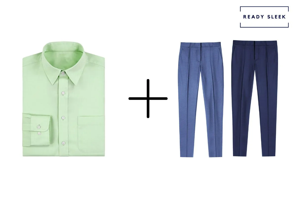 green mens dress shirt + medium blue pants + navy blue pants