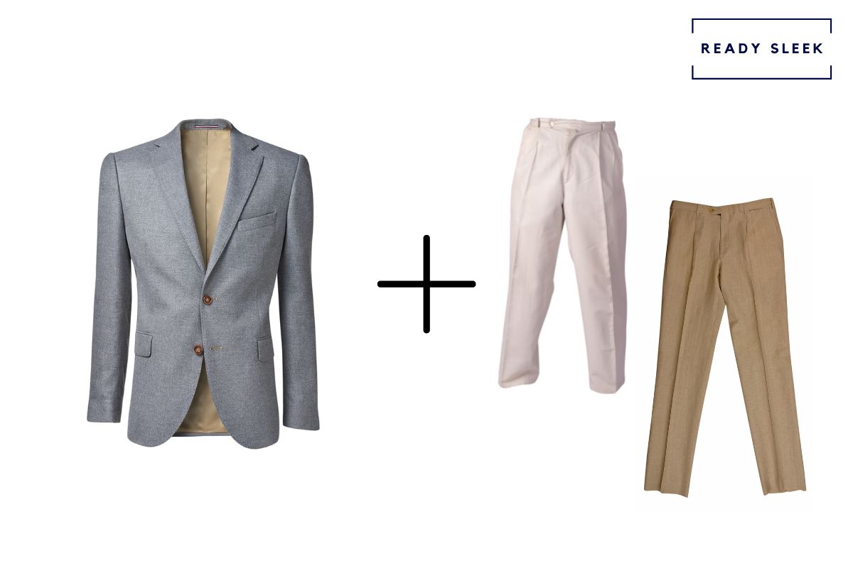 grey blazer + cream colored pants + khaki colored pants