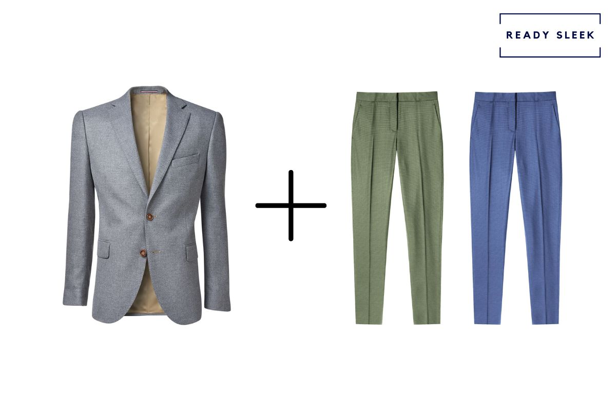 grey blazer + light green pants + medium blue pants