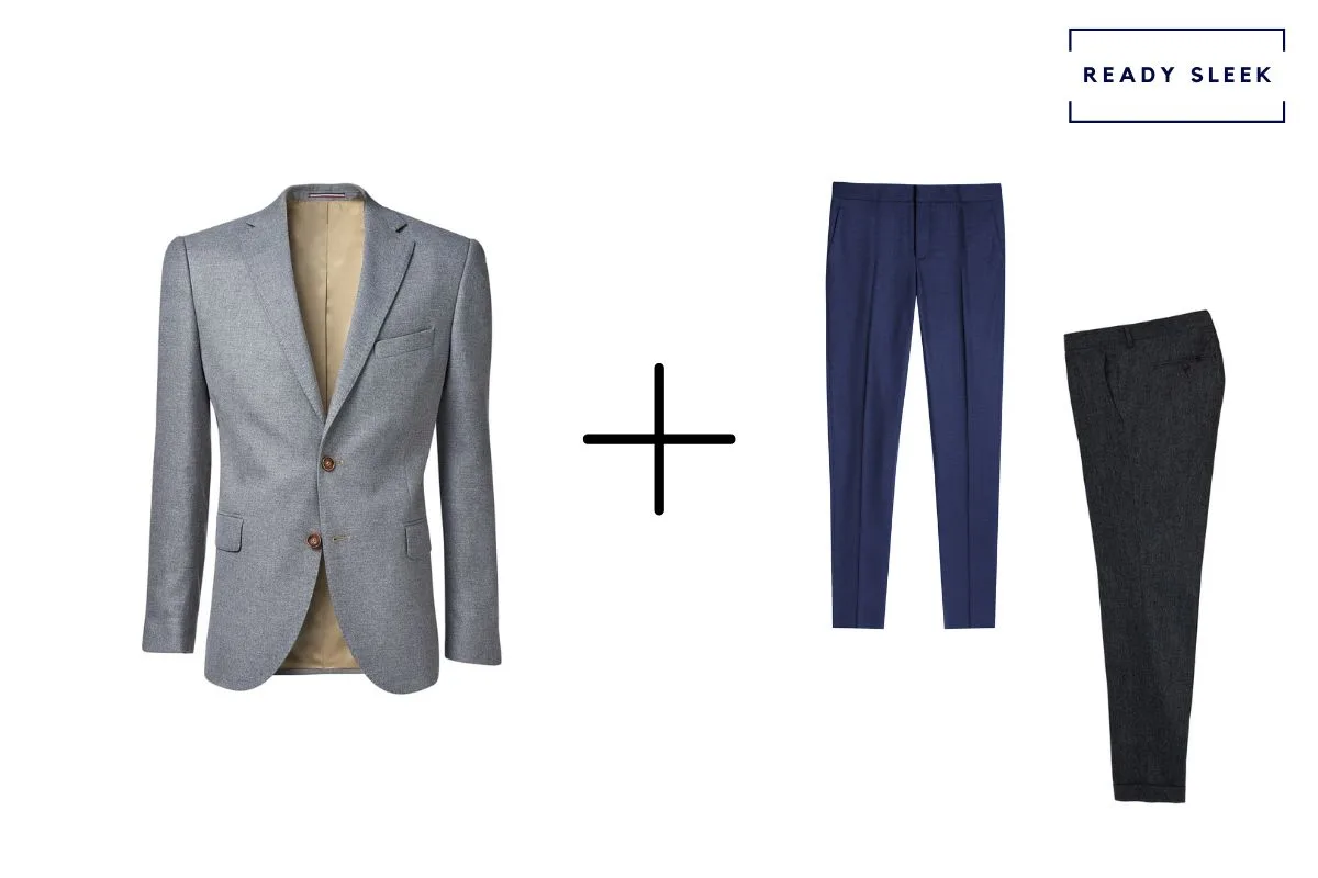 grey blazer + navy blue pants + black pants