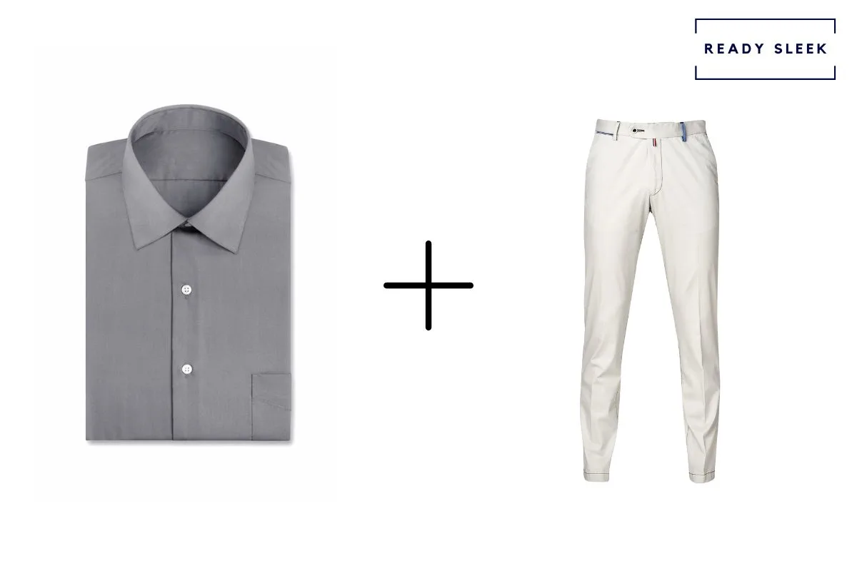 grey shirt + white pants 