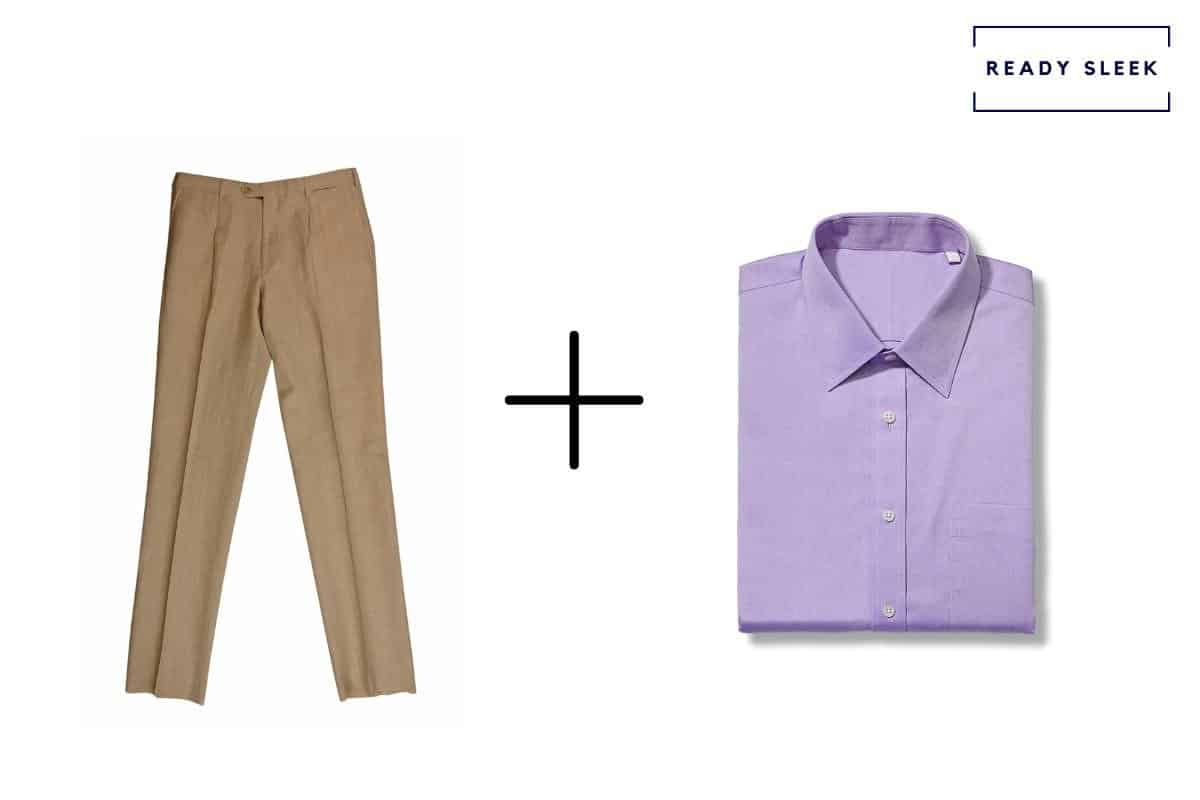 Khaki colored pants + purple shirt