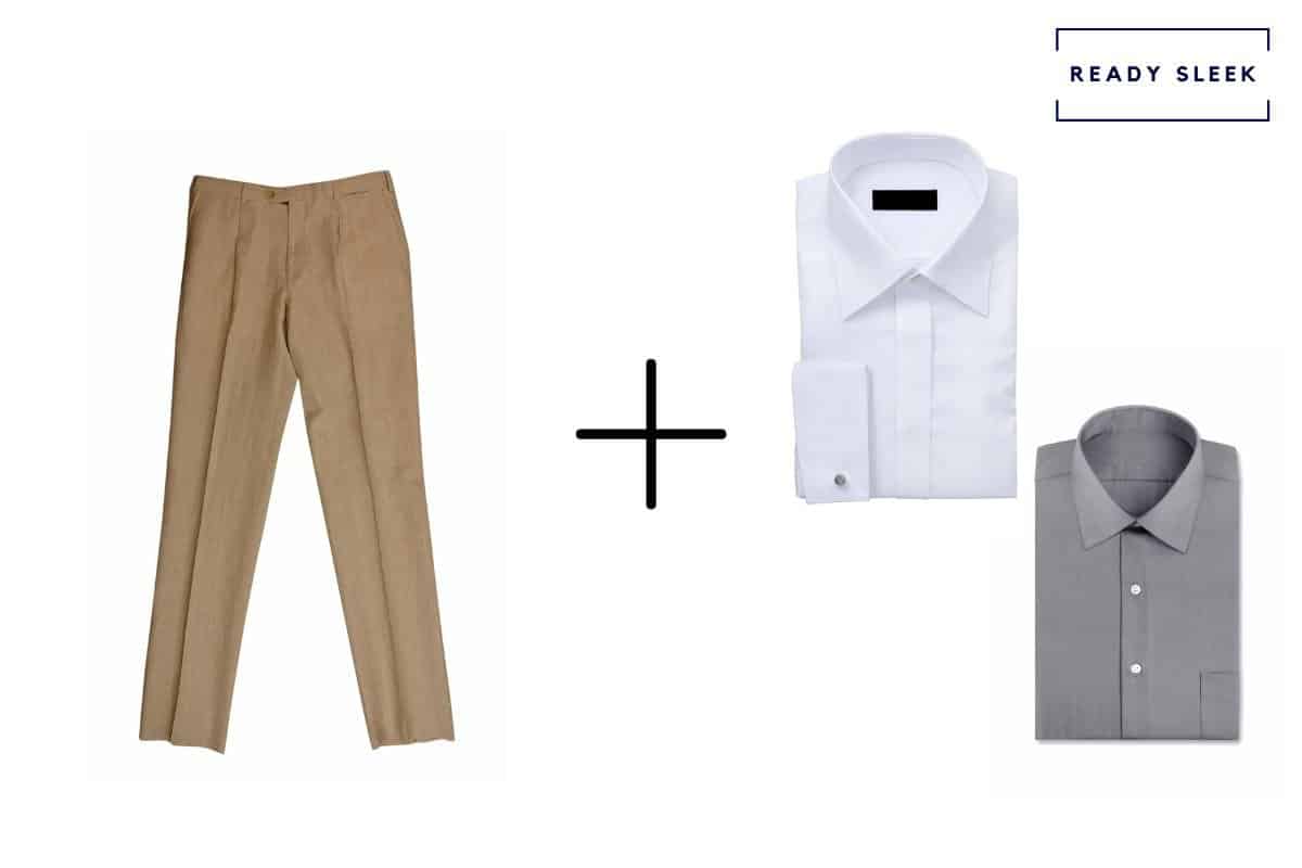 khaki colored pants with white shirt and grey shirt