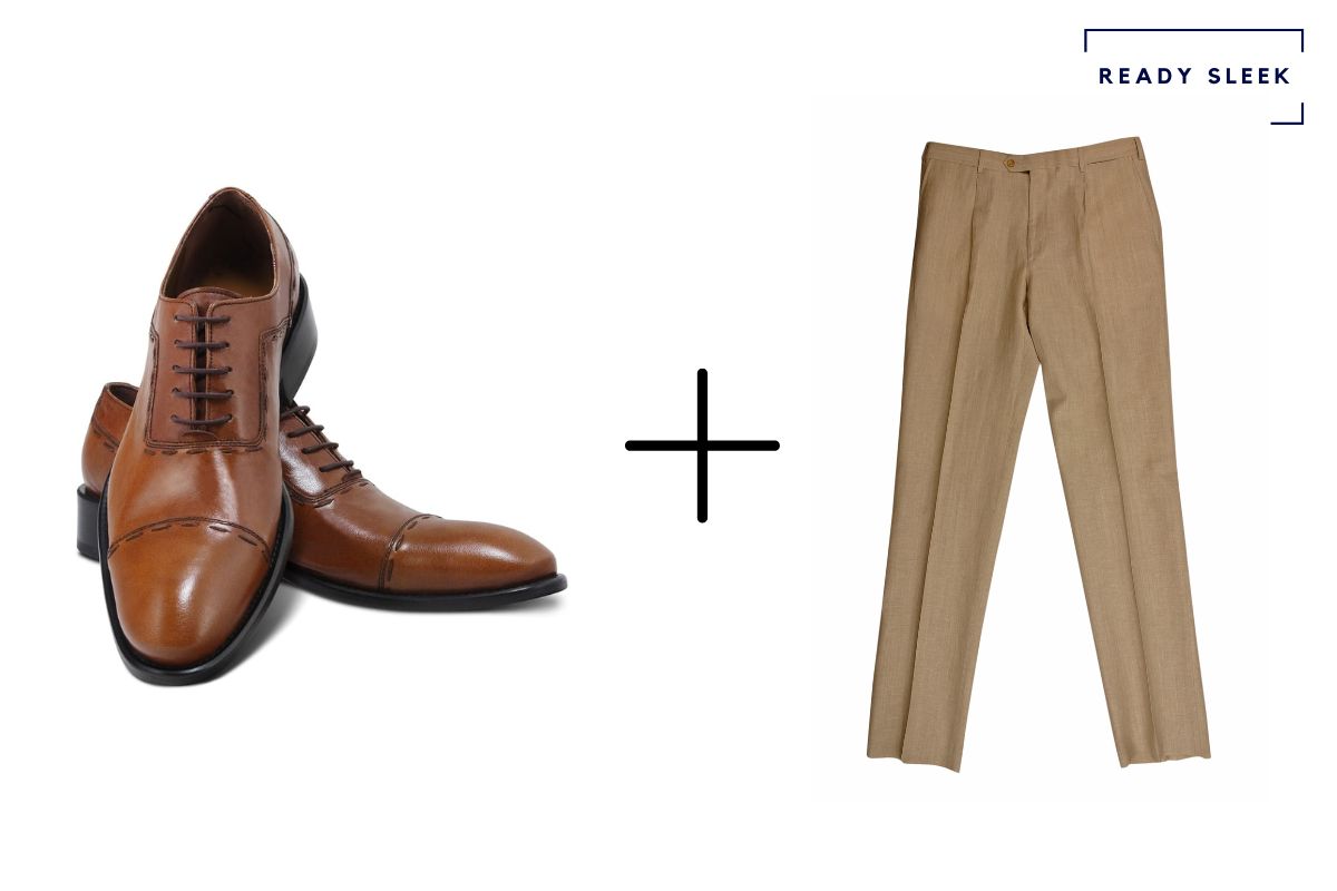 light brown cap toe Oxford shoes + khaki colored pants