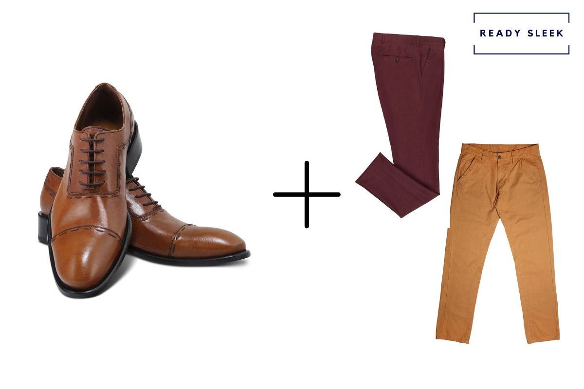 light brown cap toe Oxford shoes + maroon pants + orange pants
