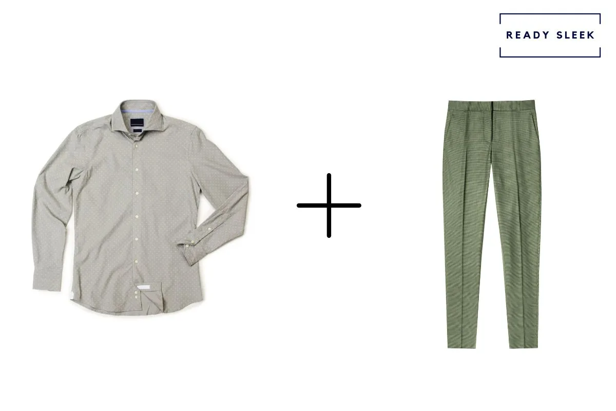 light grey shirt + light green pants