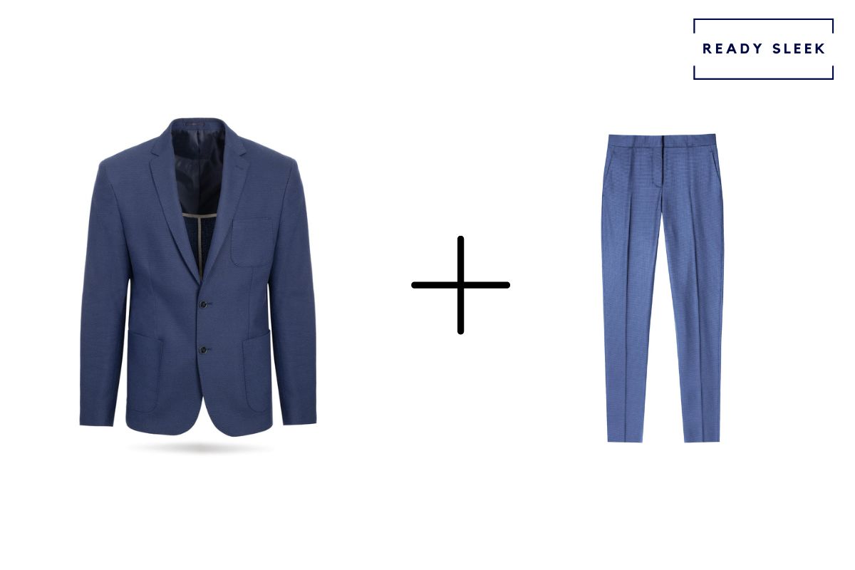 navy blue blazer + medium blue pants
