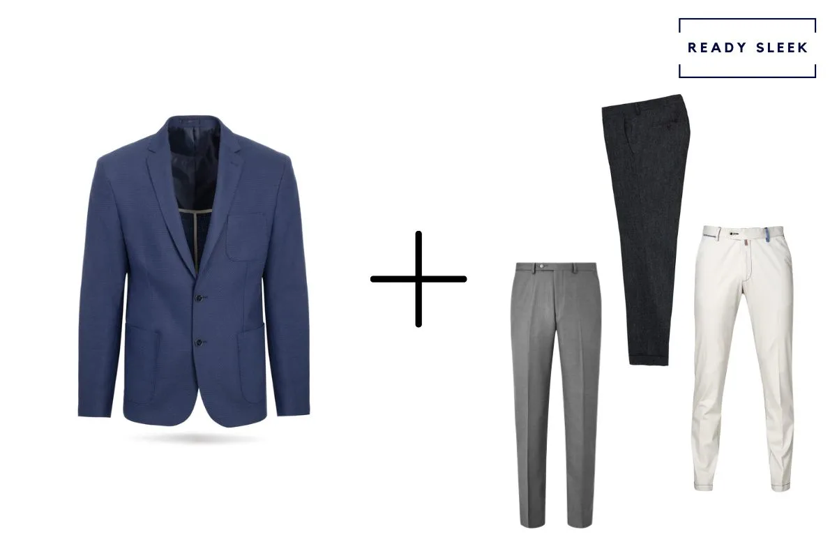 navy blue blazer + black pants + slate grey pants + white pants
