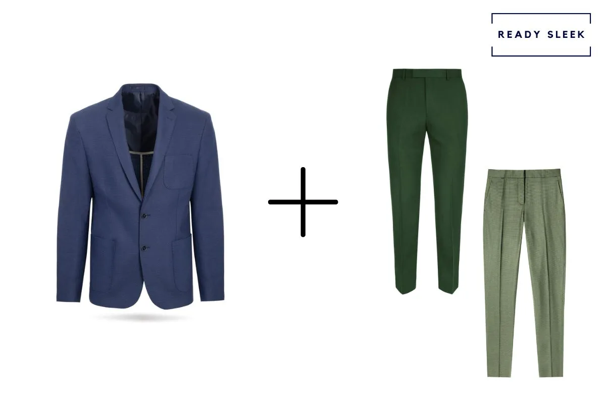 navy blue blazer + dark green pants + light green pants
