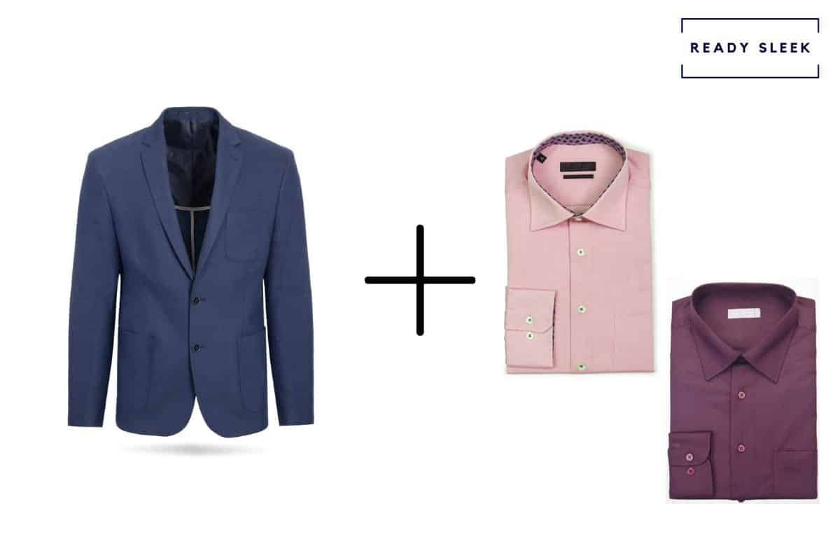 navy blue blazer + maroon shirt + pink shirt