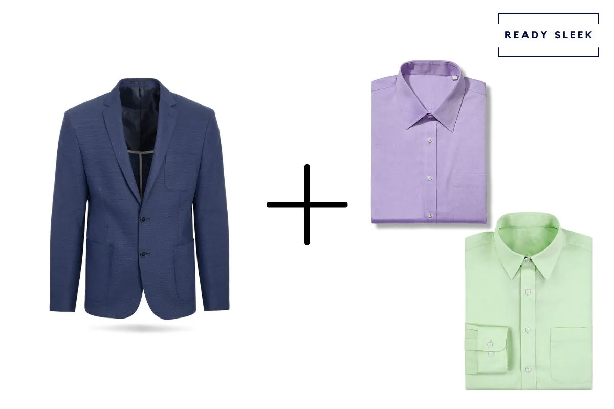 navy blue blazer + purple shirt + green dress shirt