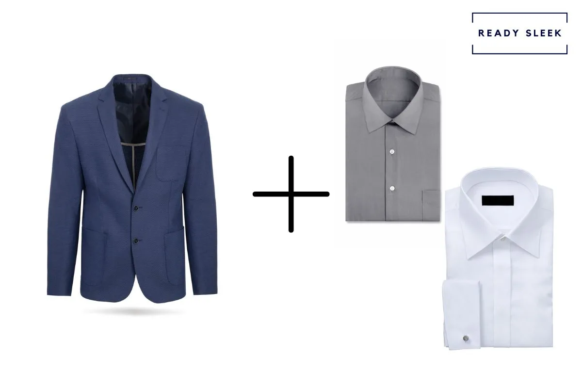 navy blue blazer + white shirt + grey shirt