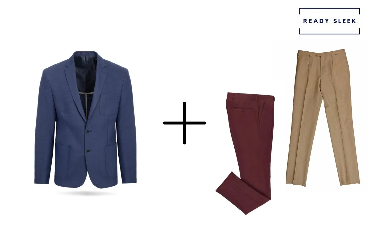 navy blue blazer + maroon pants + khaki colored pants