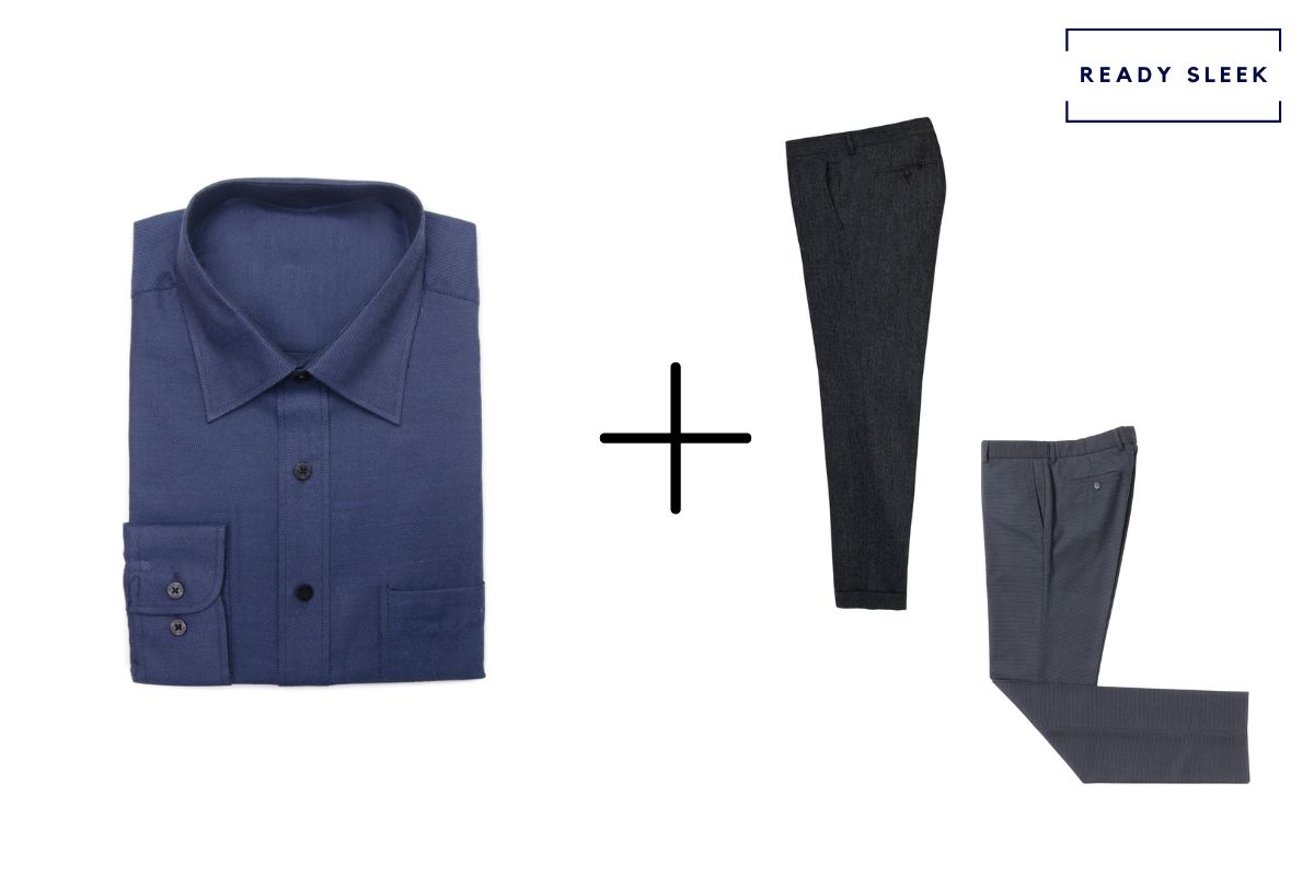 navy blue shirt + dark grey mens pants + black pants
