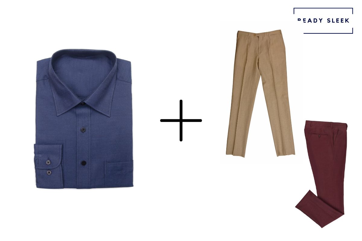 navy blue shirt + maroon pants + khaki colored pants