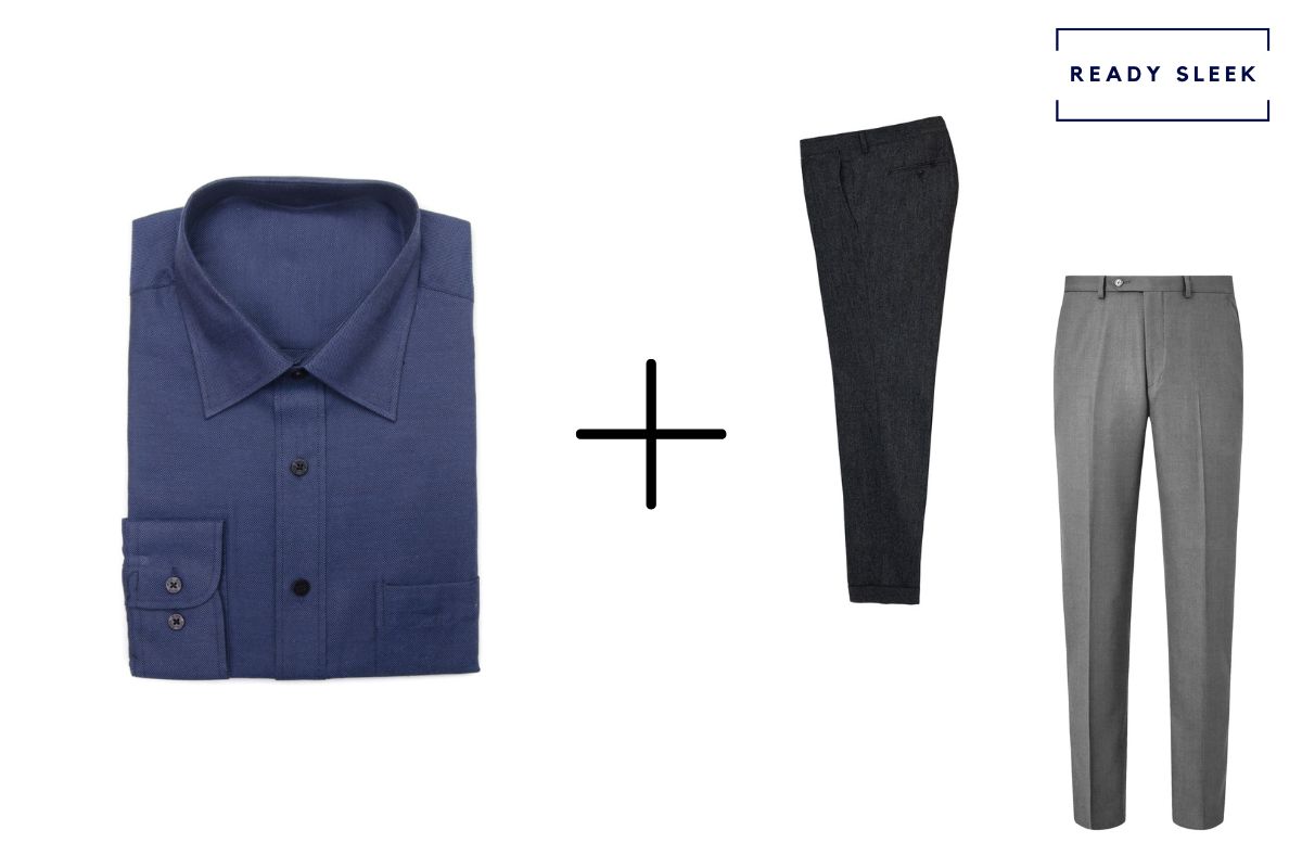 navy blue shirt + slate grey pants + black pants