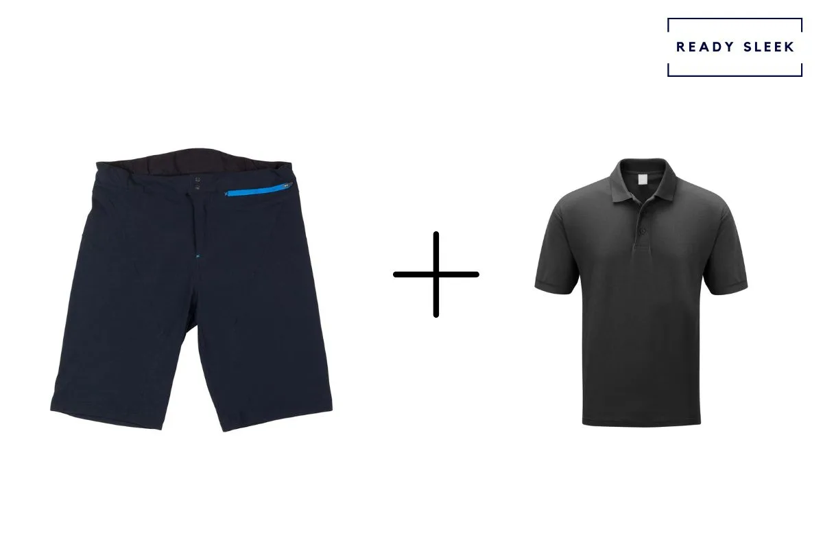 navy shorts + black polo shirt 