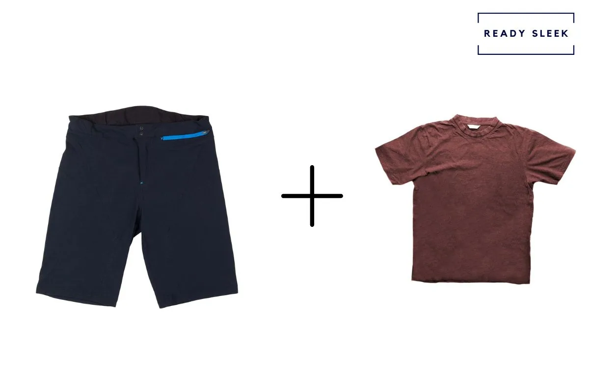 navy shorts + maroon t shirt