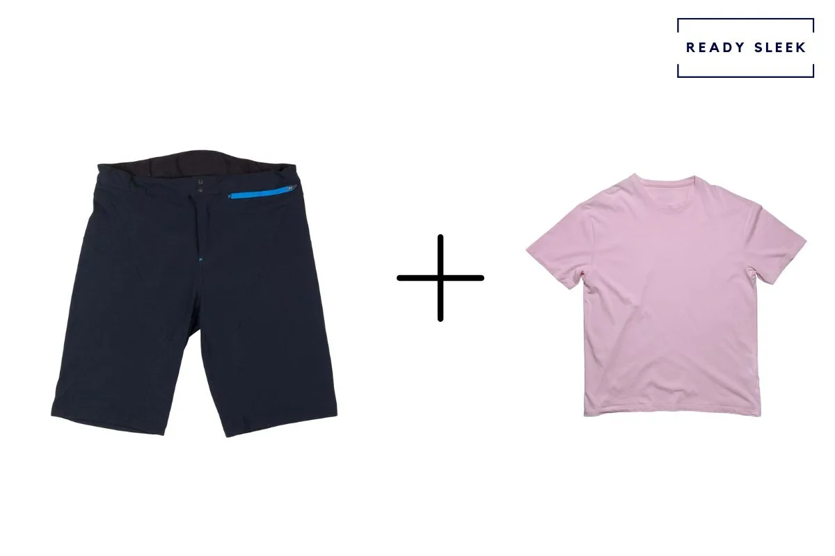navy shorts with pink tshirt