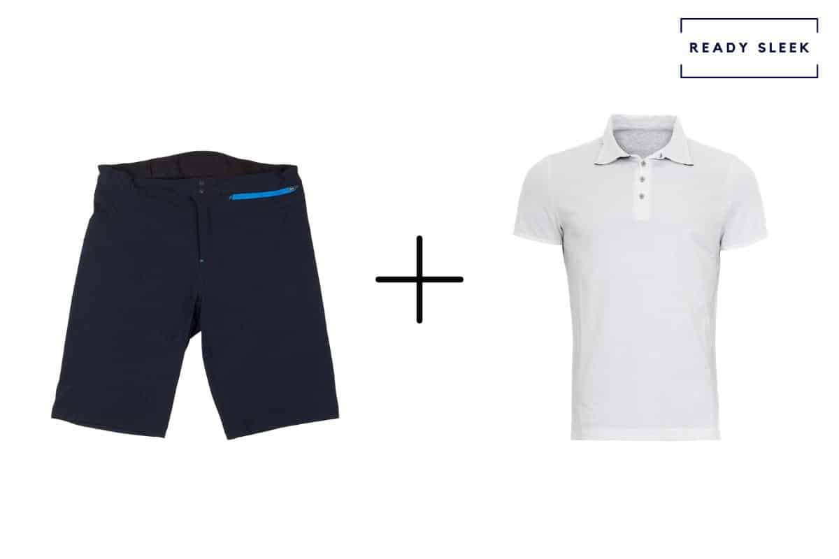 navy shorts + white polo shirt