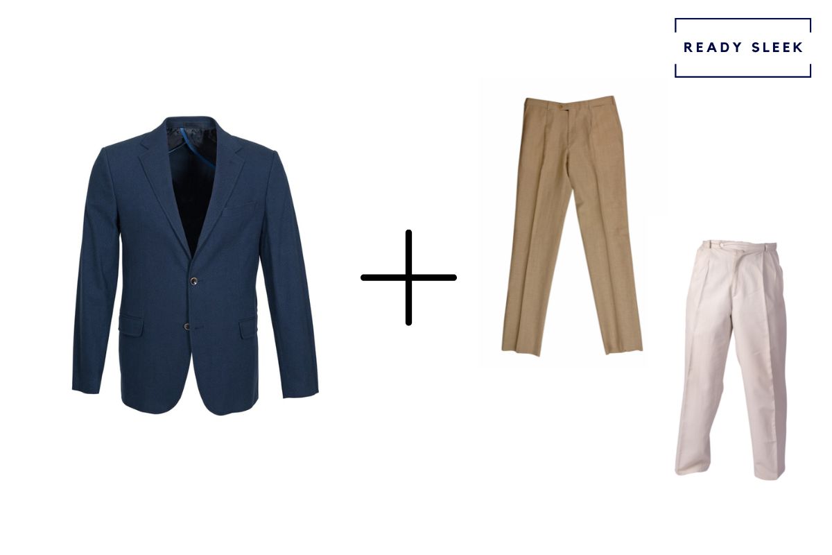 navy suit jacket + khaki colored pants  + cream colored pants 