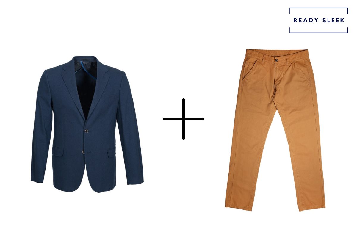 navy suit jacket + orange pants