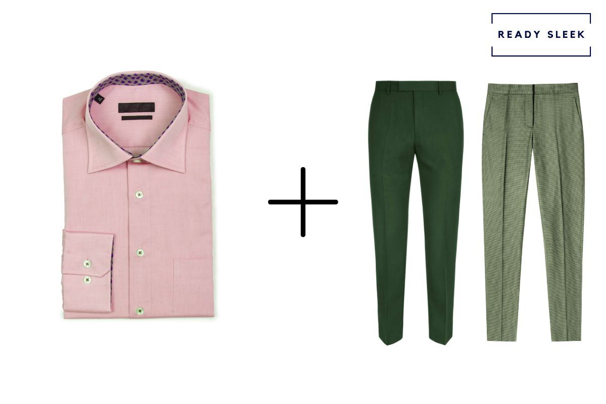 pink shirt + light green pants + dark green pants