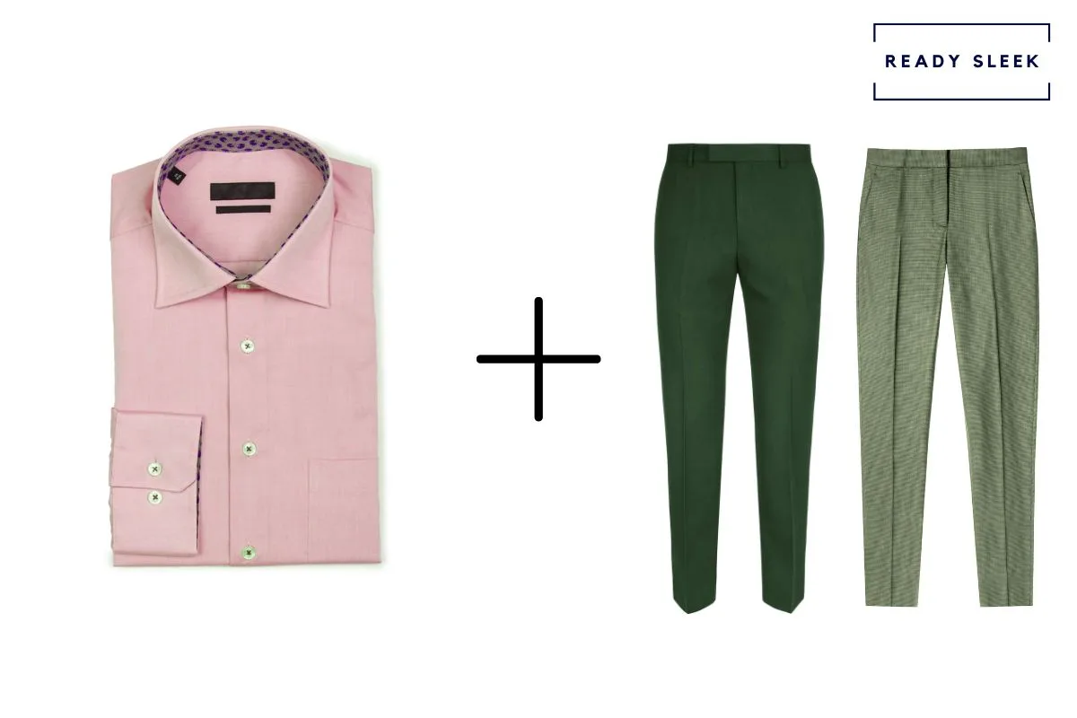 pink shirt + light green pants + dark green pants