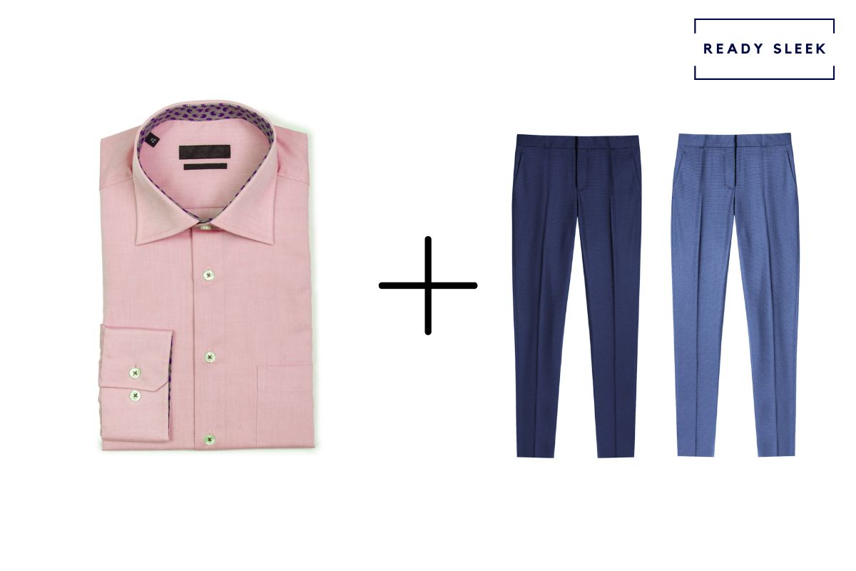 pink shirt + medium blue pants + navy blue pants