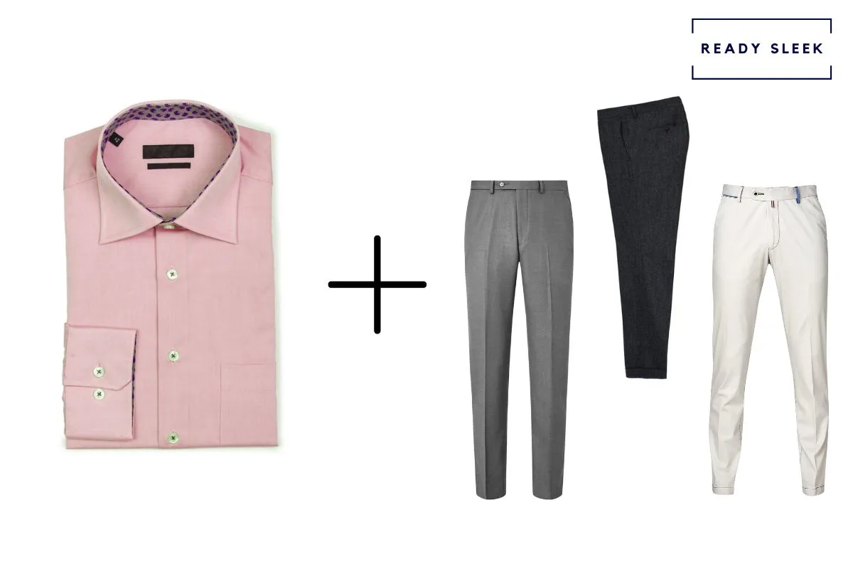 pink shirt + white pants + slate grey pants + black pants