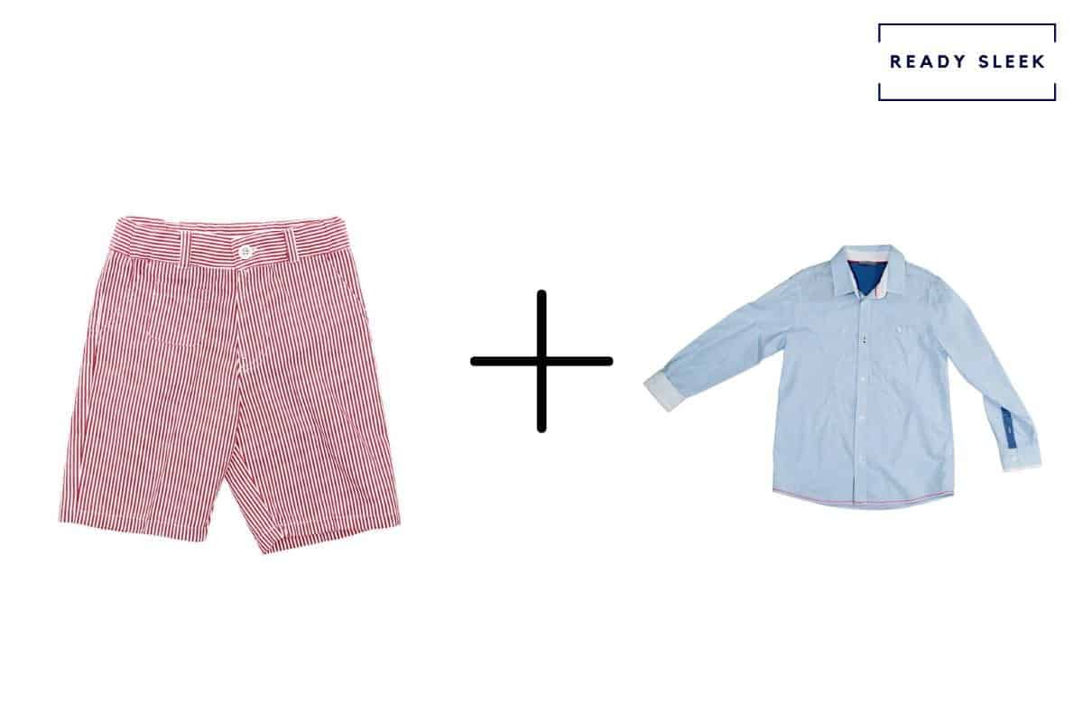 pink shorts + blue casual shirt