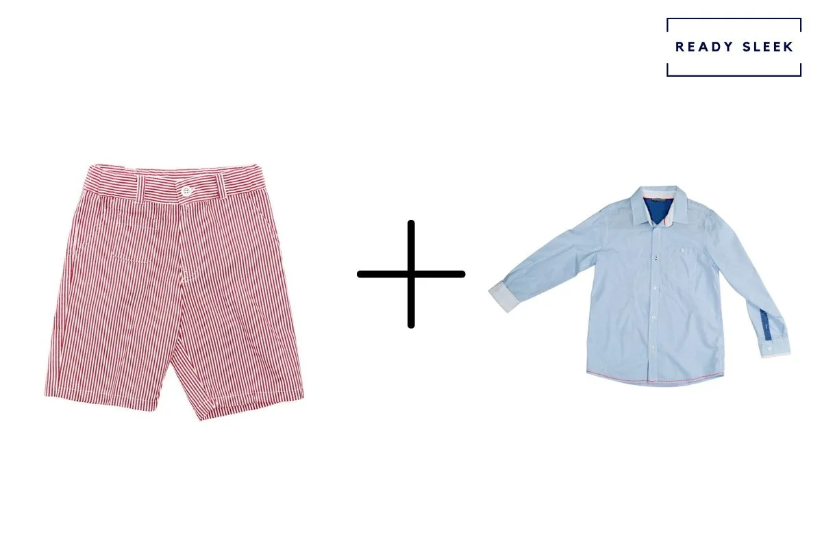 pink shorts + blue casual shirt