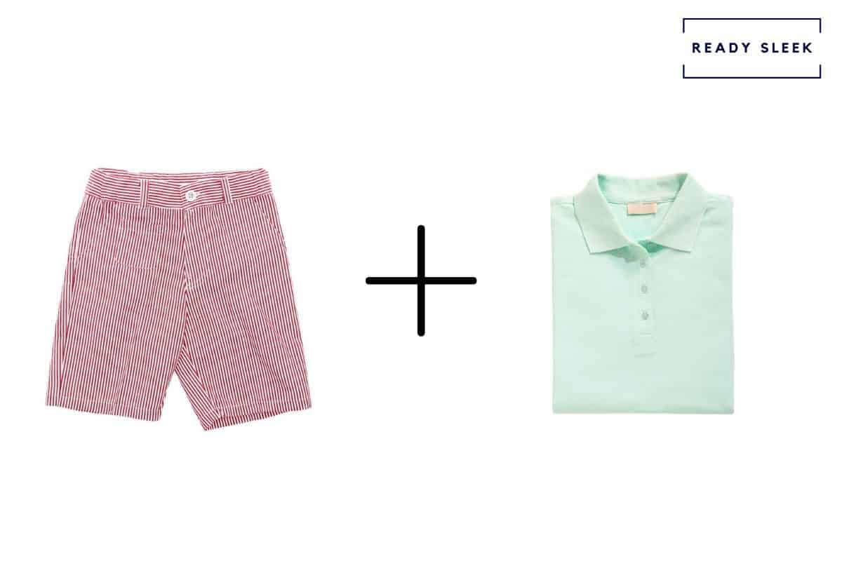 pink shorts + mint green polo shirt
