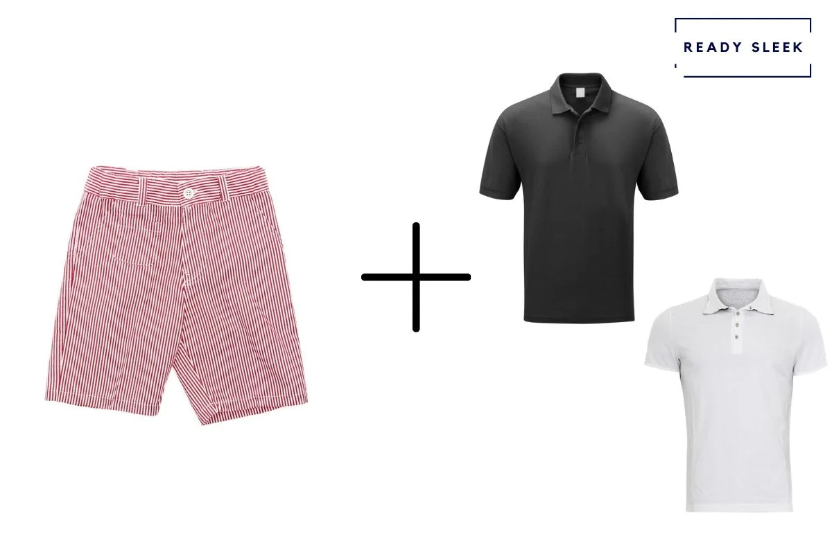 pink shorts + white polo shirt + black polo shirt