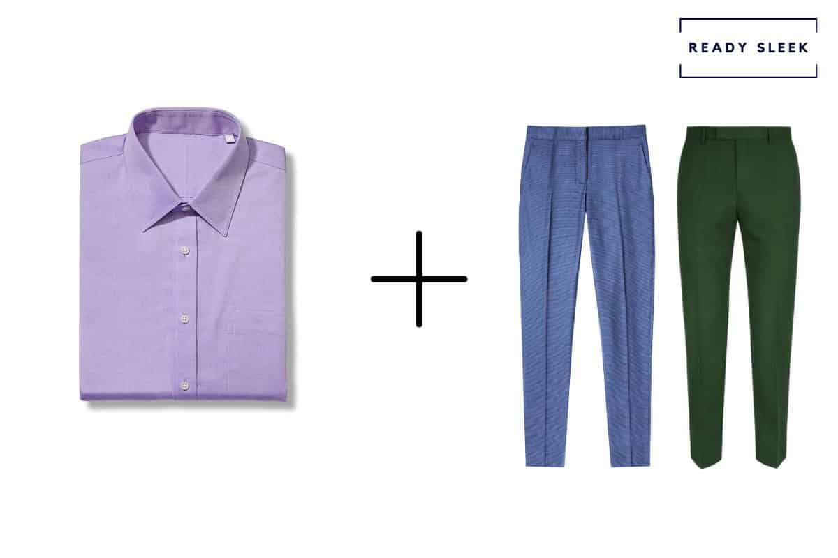 purple shirt + medium blue pants + dark green pants