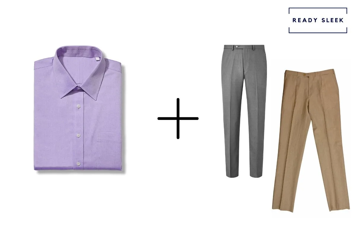 purple shirt + slate grey pants + khaki colored pants