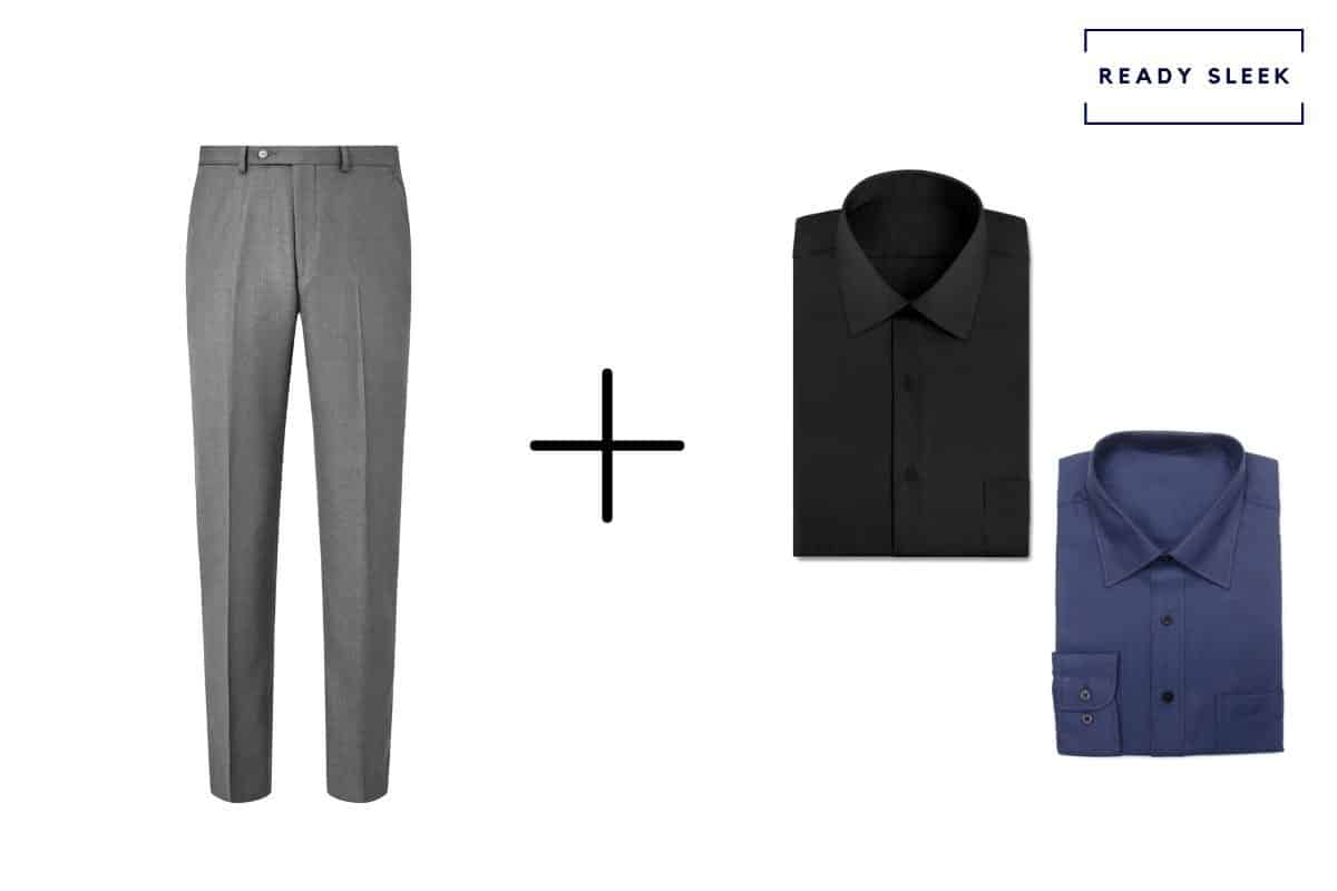 slate grey pants + black shirt + navy blue shirt