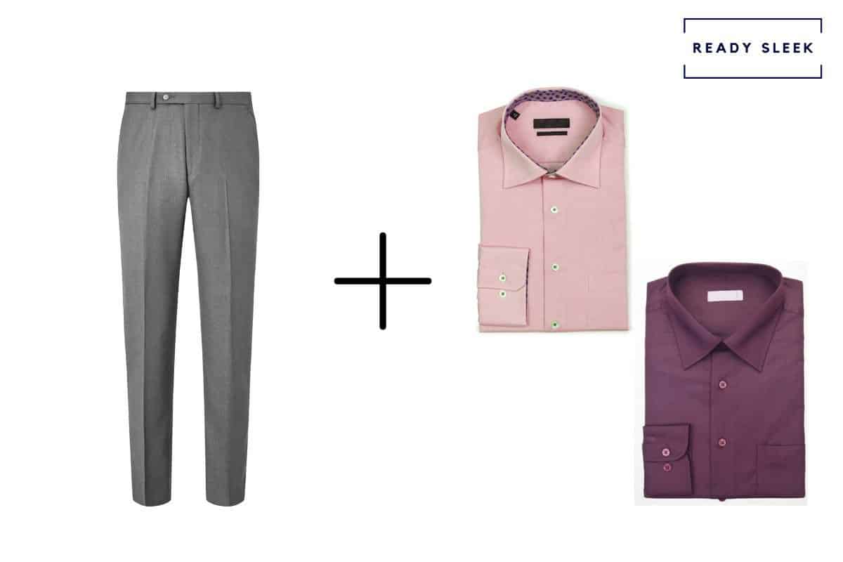 slate grey pants + maroon shirt + pink shirt