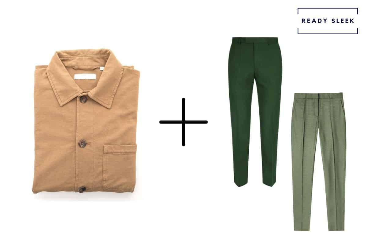 tan shirt + light green pants + dark green pants