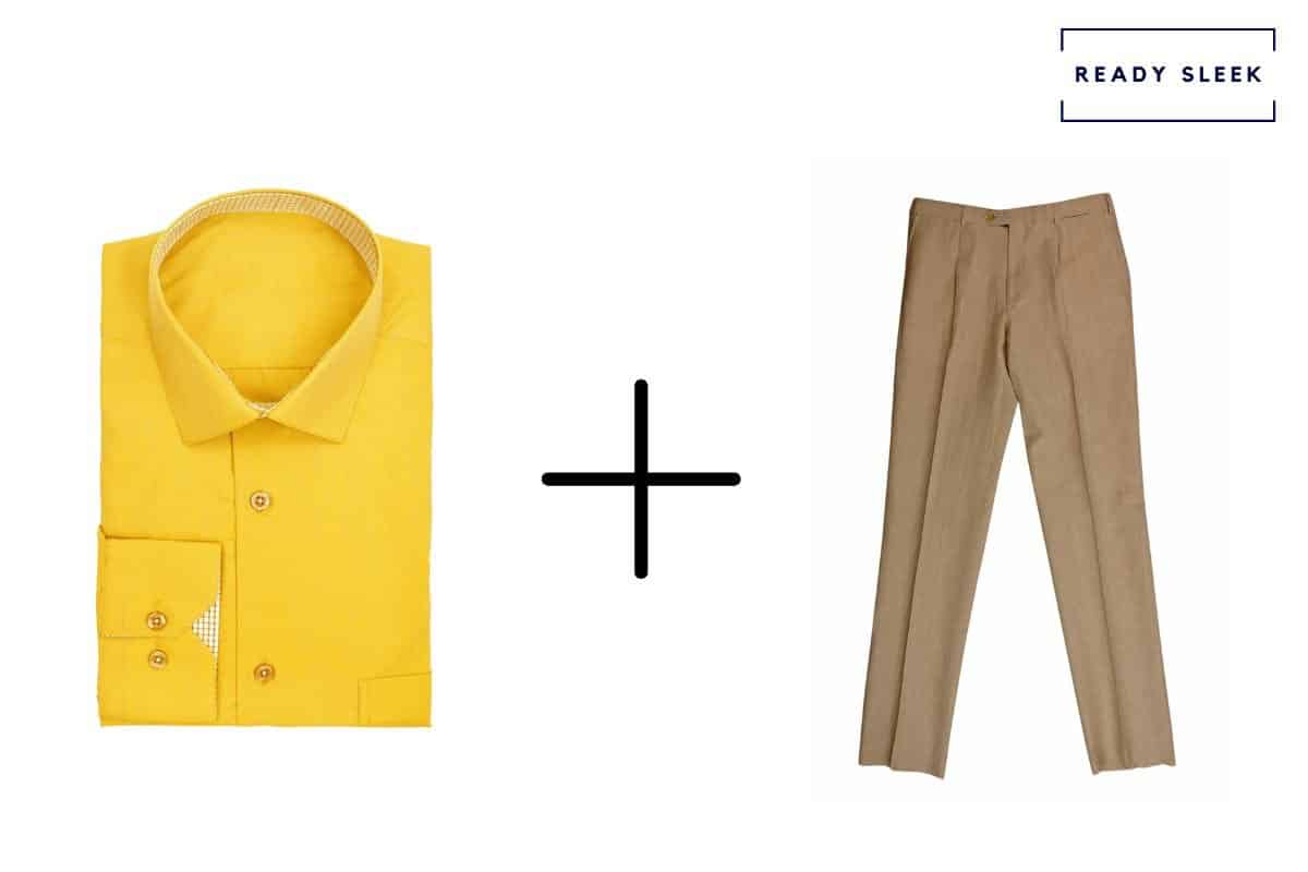 yellow shirt +  khaki colored pants