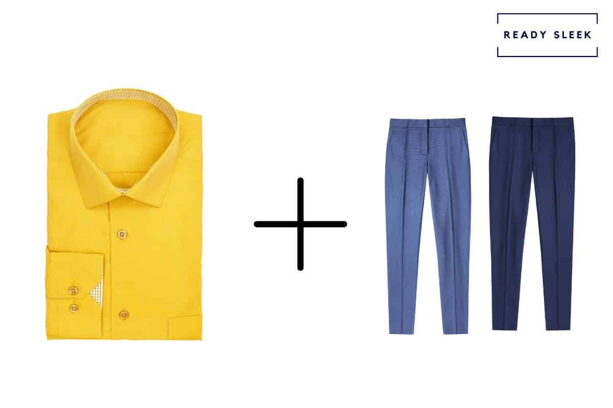 yellow shirt + medium blue pants + navy blue pants