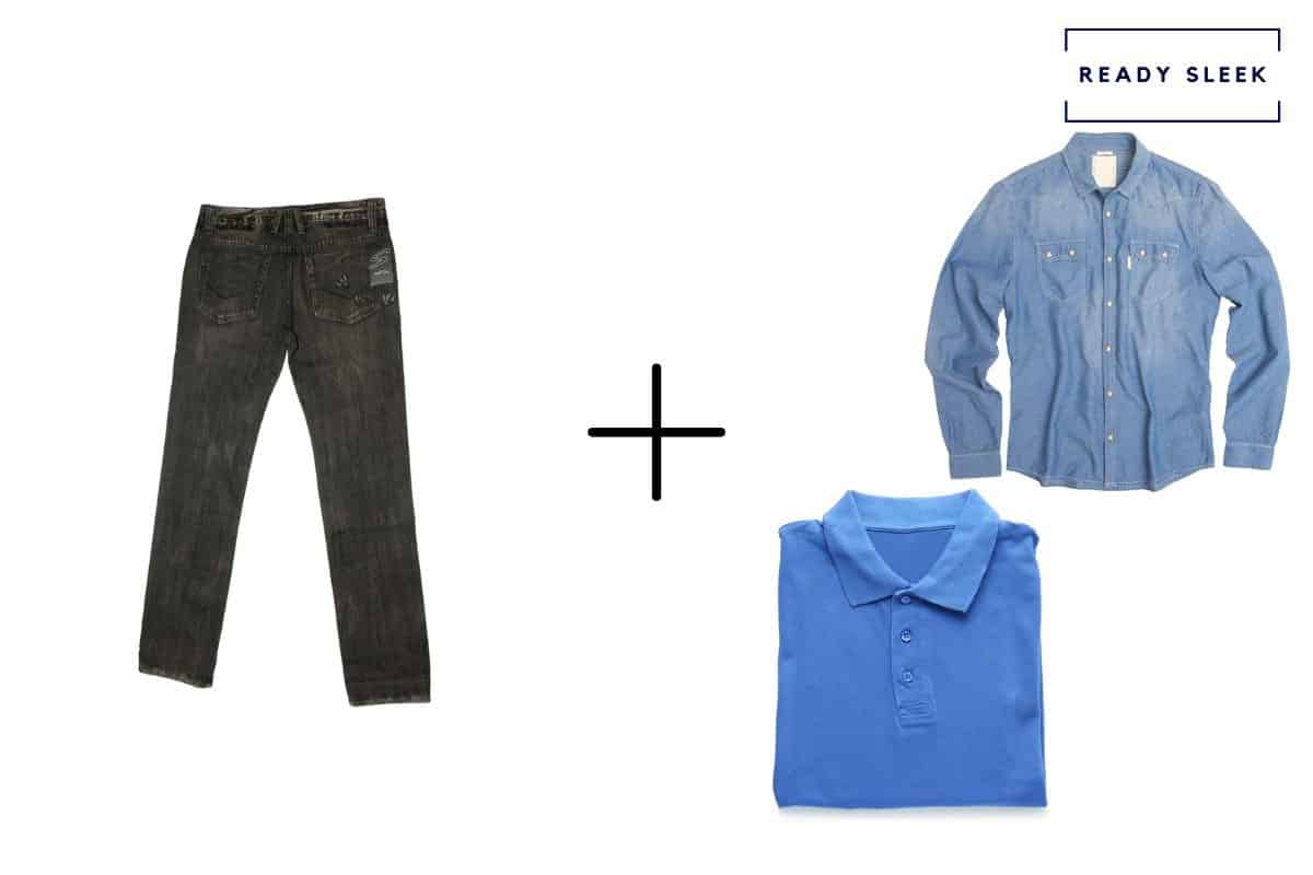 black jeans + blue denim shirt + blue polo shirt 
