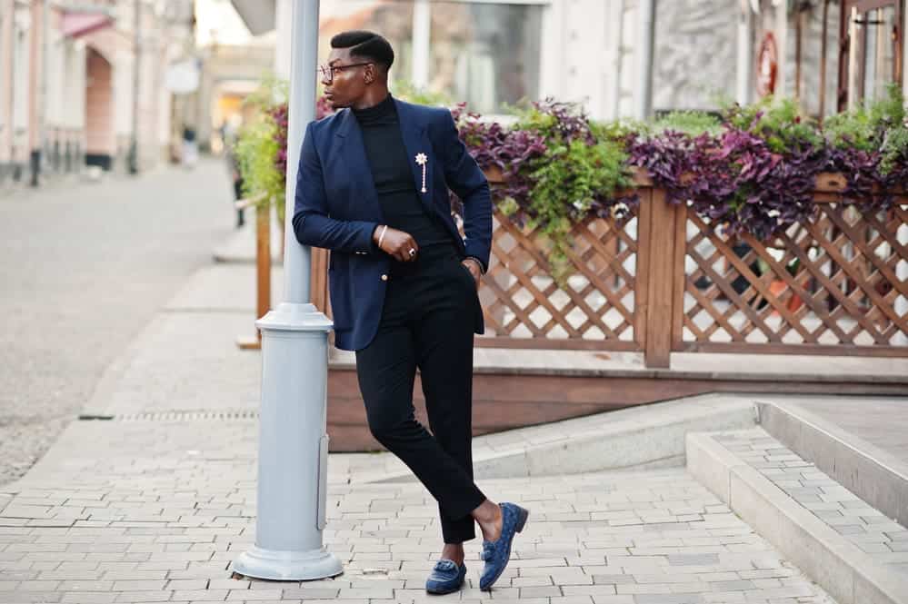 blue blazer with black pants