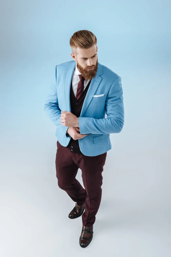 Blue blazer burgundy pants sale