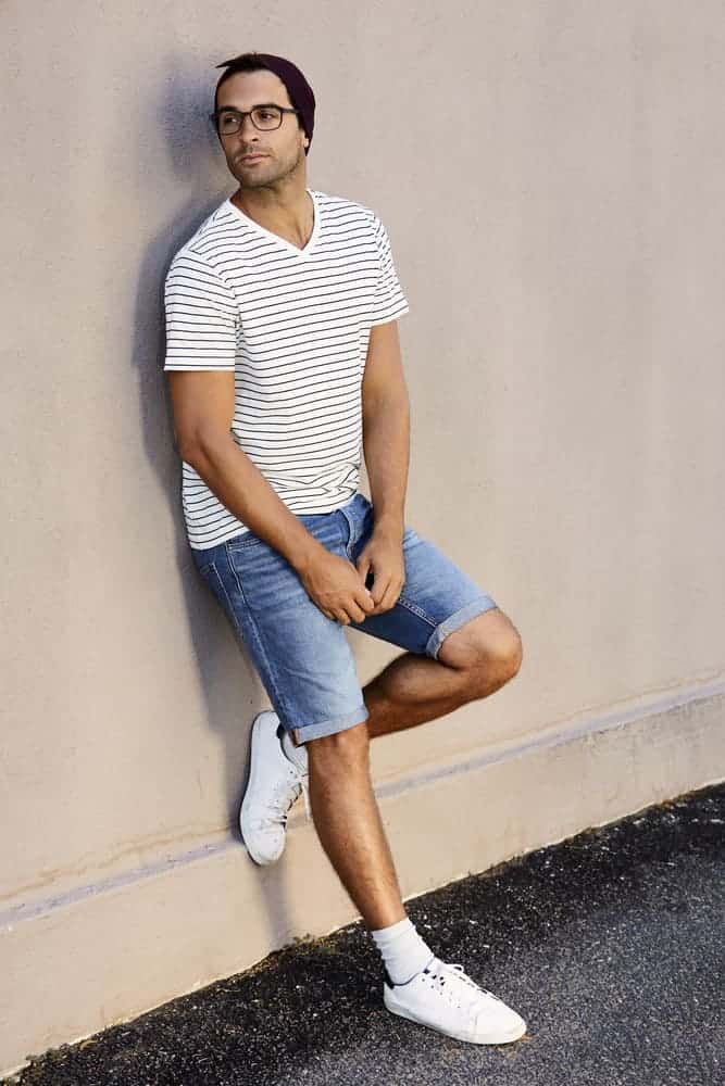 blue shorts and white t shirt